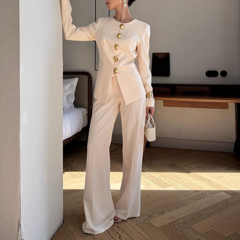 Gold Button Blazer & Straight Leg Pants Set (MS398)