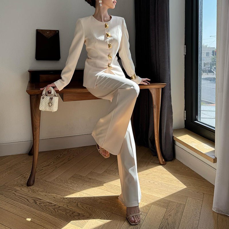 Gold Button Blazer & Straight Leg Pants Set (MS398)