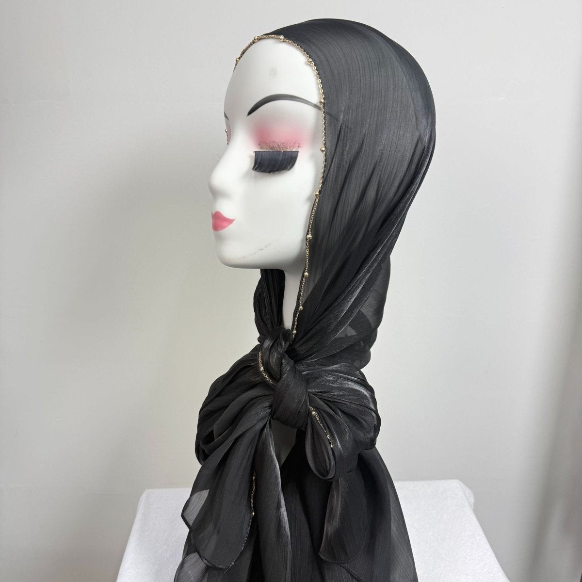 Gold Chain Beaded Edge Crinkle Satin Hijab(MH238)