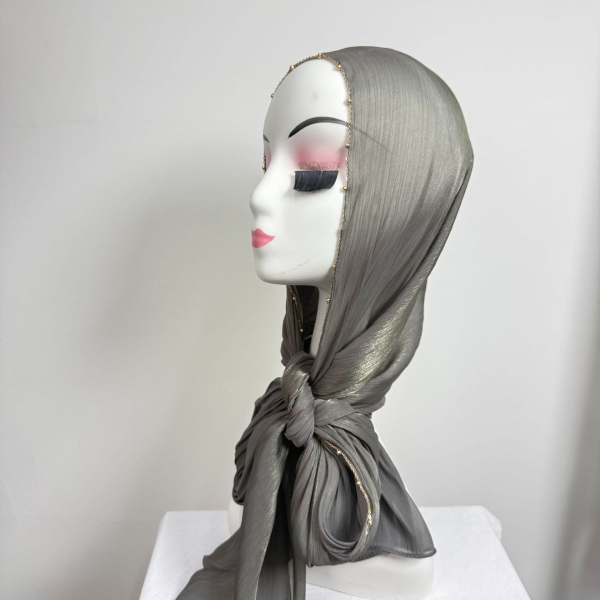 Gold Chain Beaded Edge Crinkle Satin Hijab(MH238)