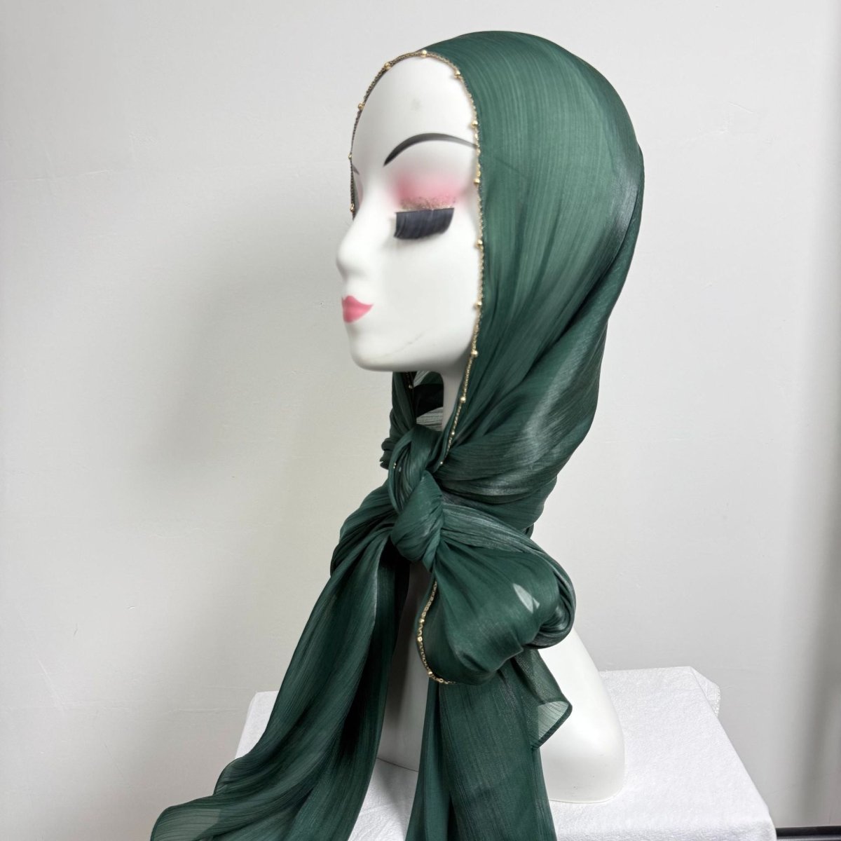 Gold Chain Beaded Edge Crinkle Satin Hijab(MH238)
