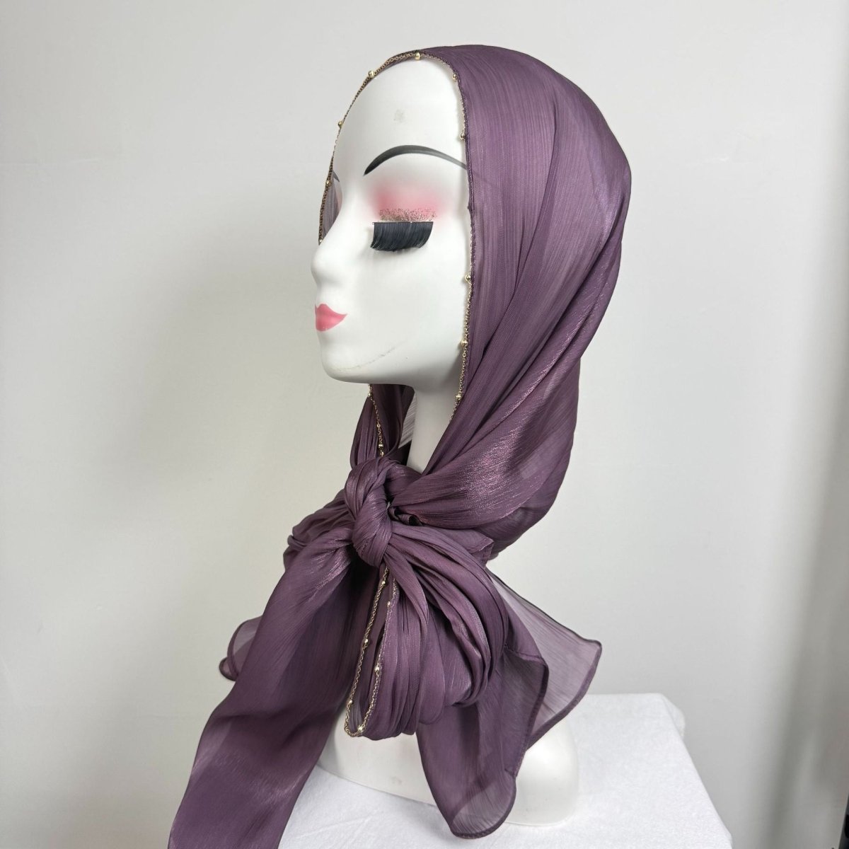 Gold Chain Beaded Edge Crinkle Satin Hijab(MH238)