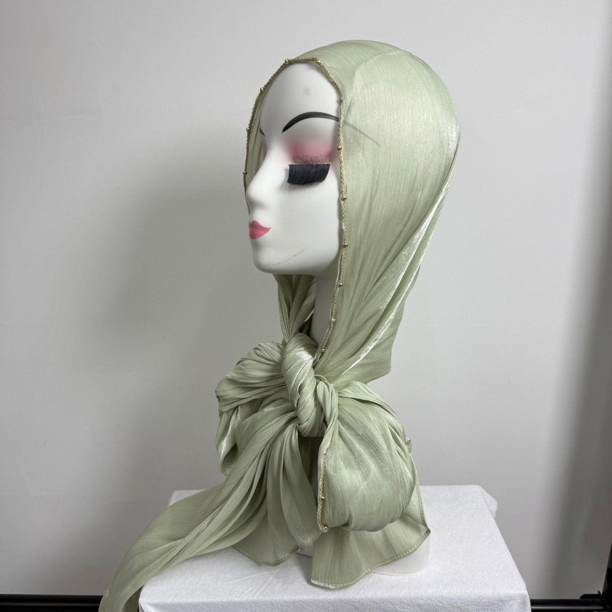 Gold Chain Beaded Edge Crinkle Satin Hijab(MH238)