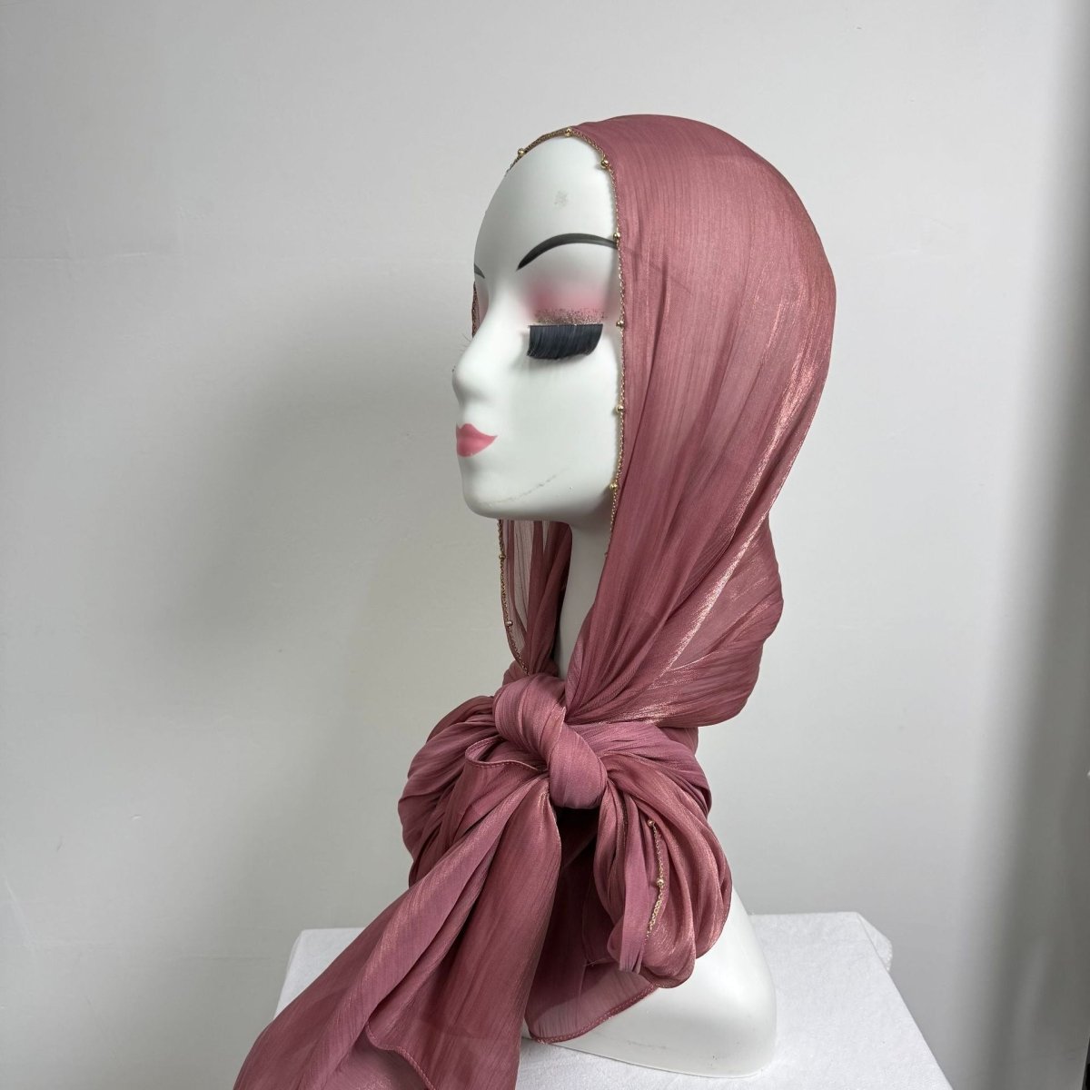 Gold Chain Beaded Edge Crinkle Satin Hijab(MH238)