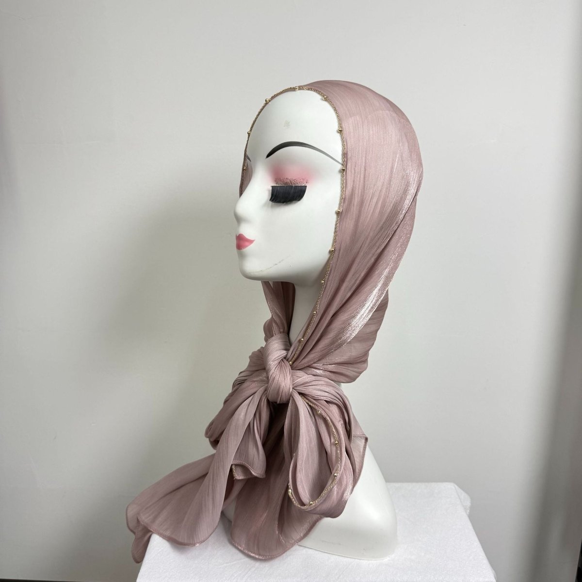 Gold Chain Beaded Edge Crinkle Satin Hijab(MH238)