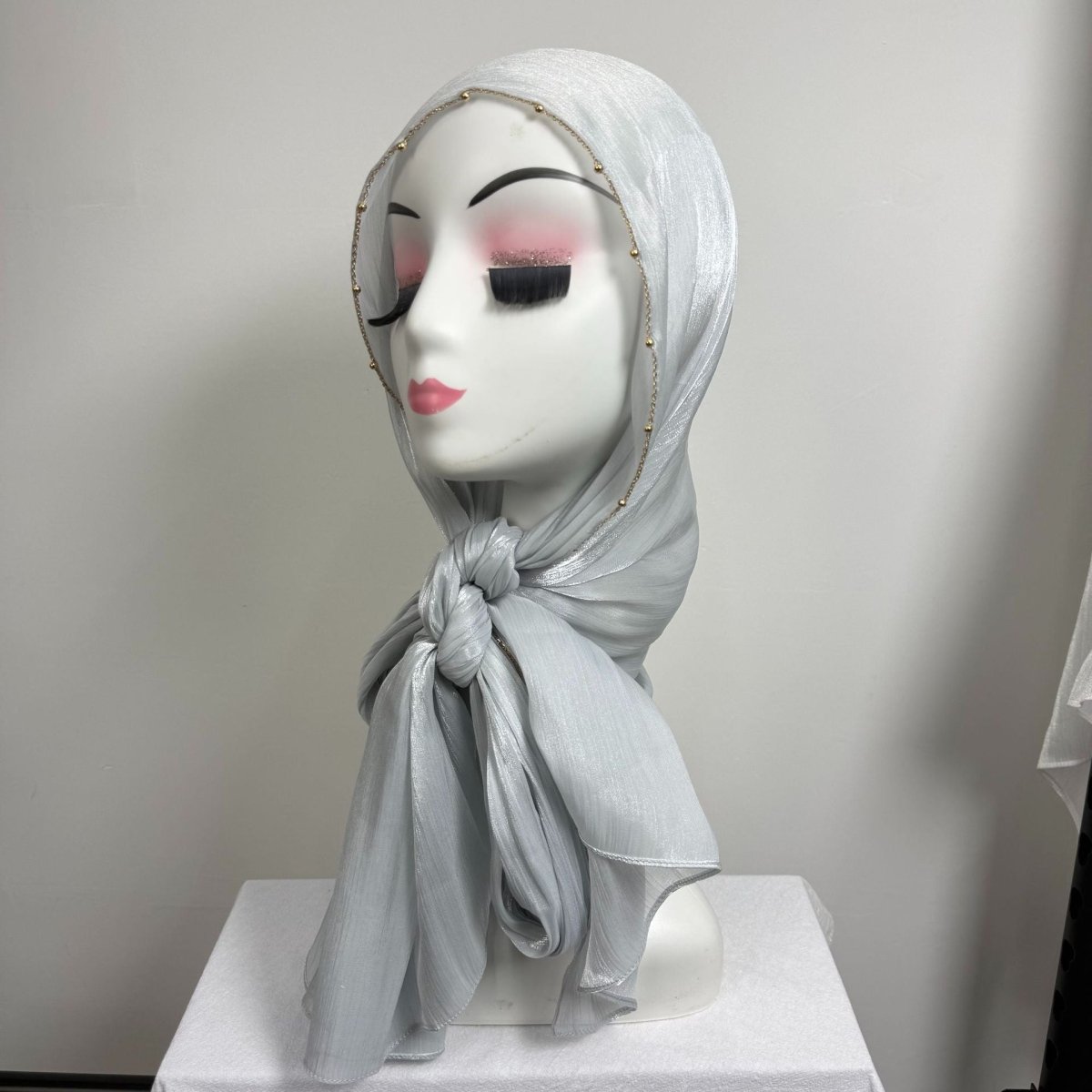 Gold Chain Beaded Edge Crinkle Satin Hijab(MH238)