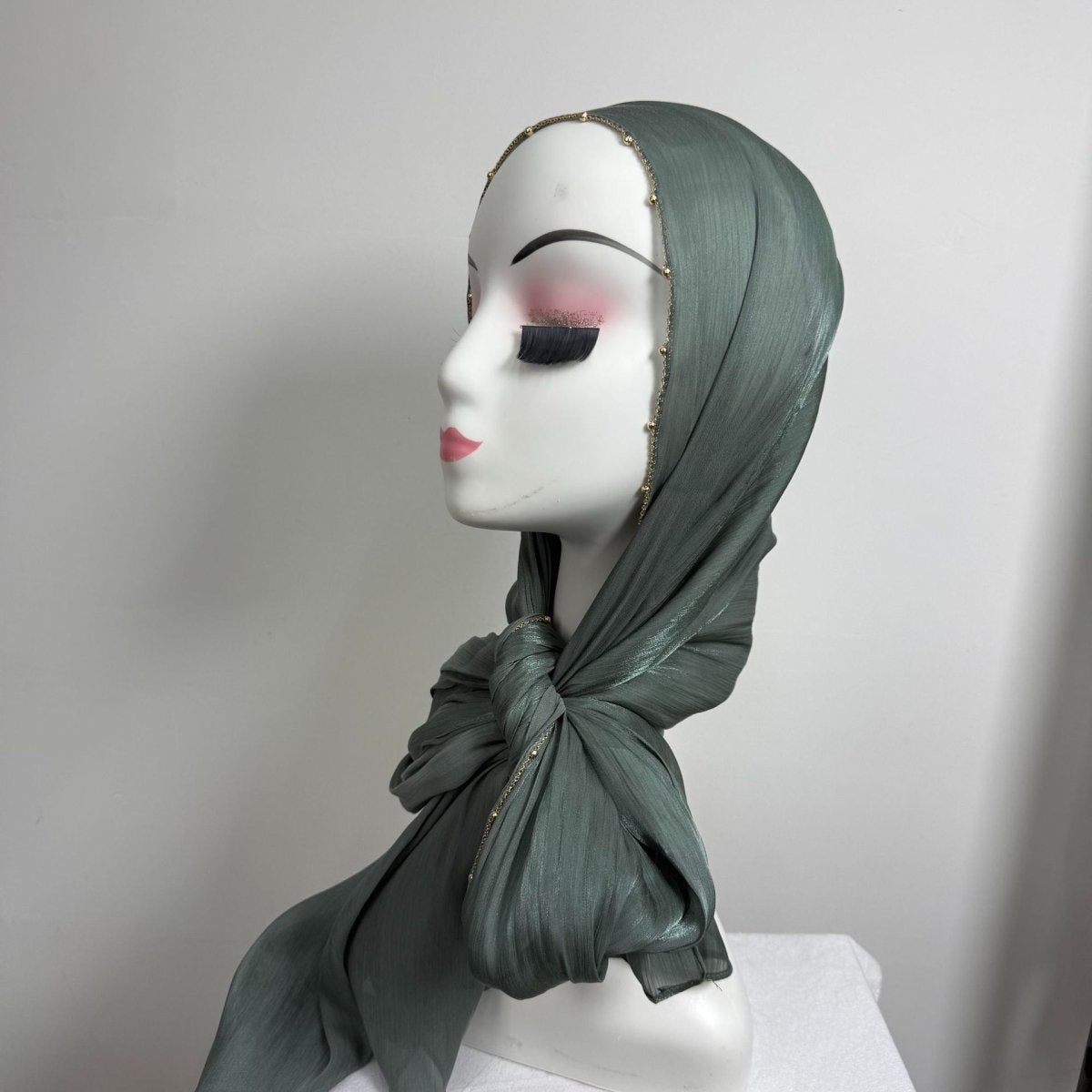 Gold Chain Beaded Edge Crinkle Satin Hijab(MH238)