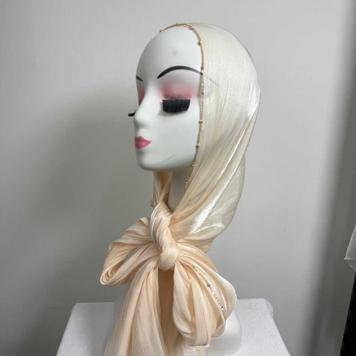 Gold Chain Beaded Edge Crinkle Satin Hijab(MH238)