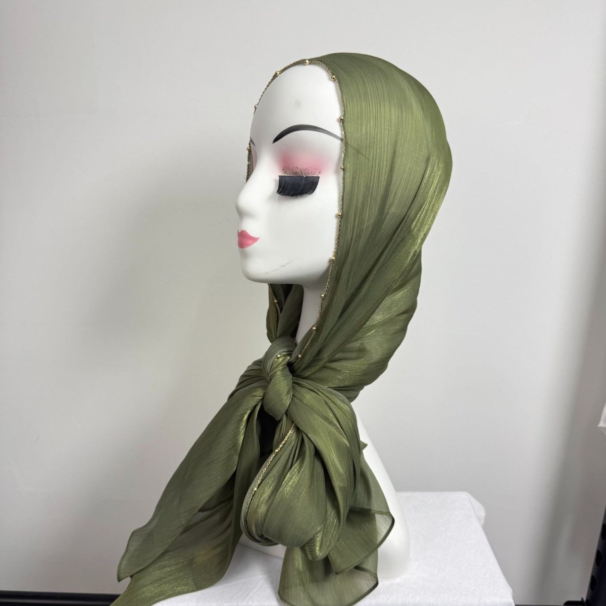 Gold Chain Beaded Edge Crinkle Satin Hijab(MH238)