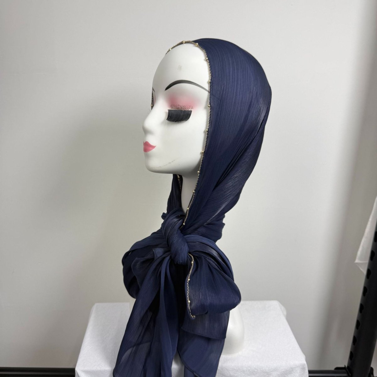 Gold Chain Beaded Edge Crinkle Satin Hijab(MH238)