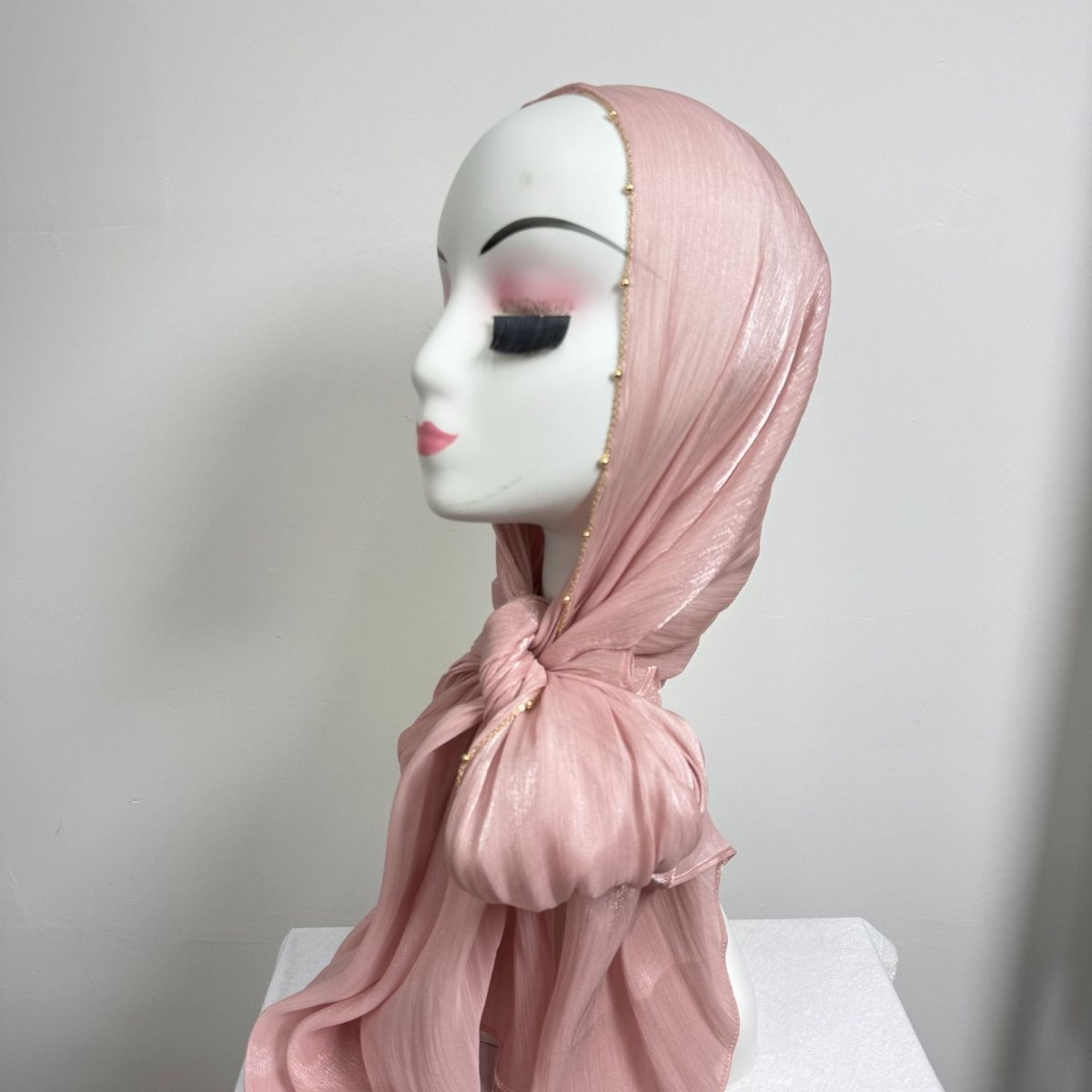 Gold Chain Beaded Edge Crinkle Satin Hijab(MH238)