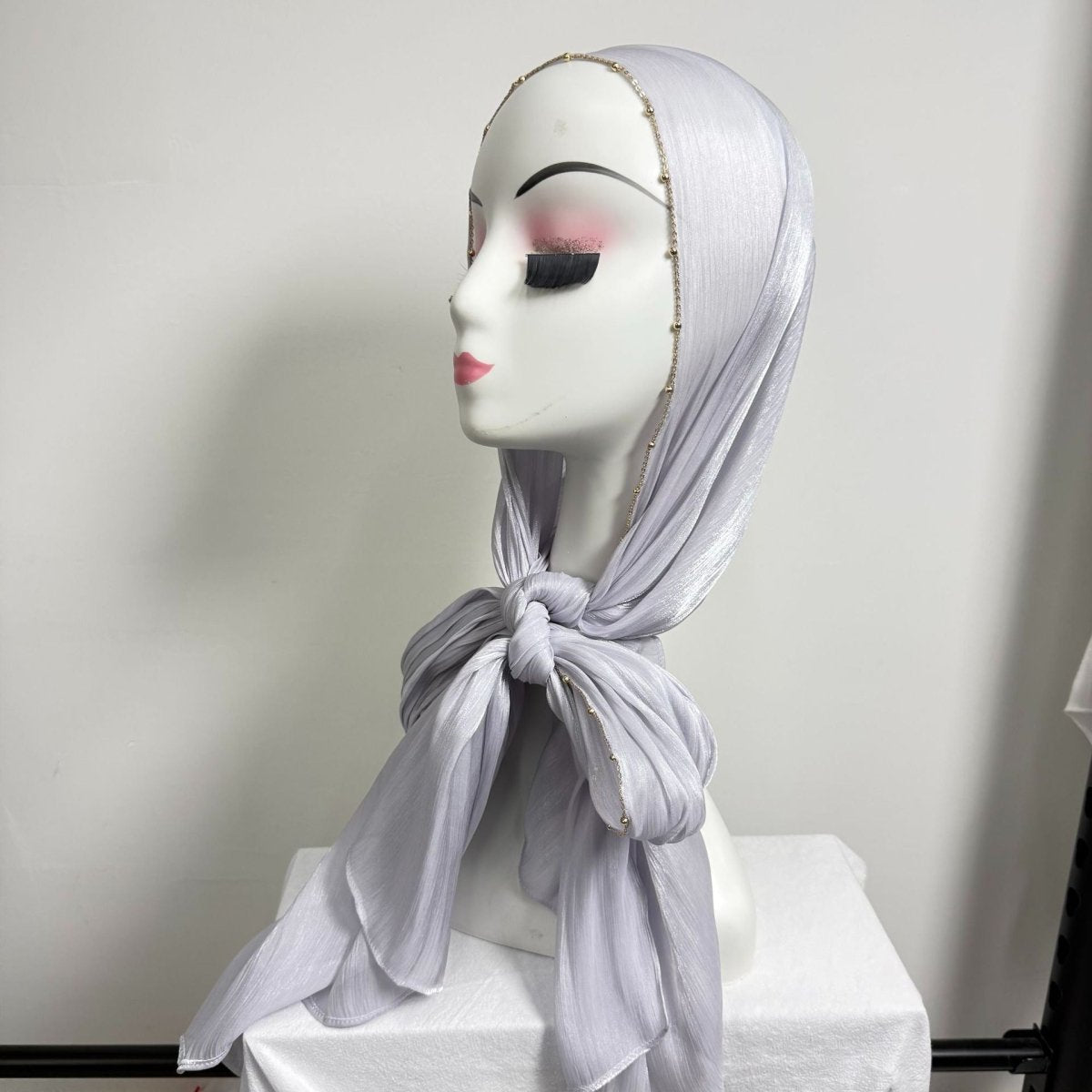 Gold Chain Beaded Edge Crinkle Satin Hijab(MH238)