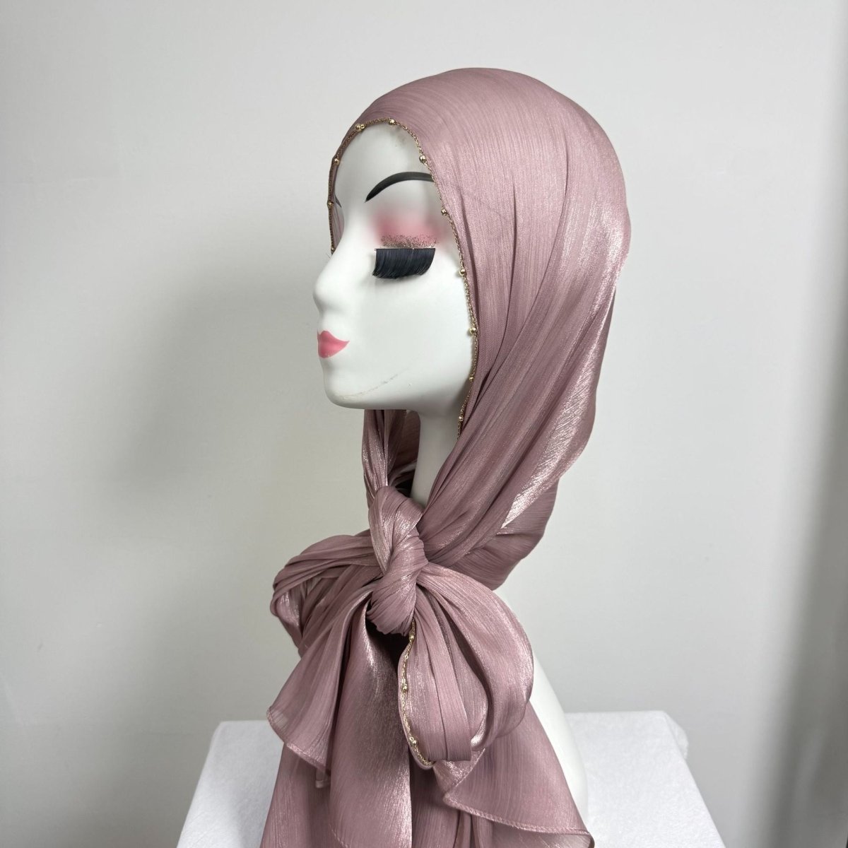 Gold Chain Beaded Edge Crinkle Satin Hijab(MH238)