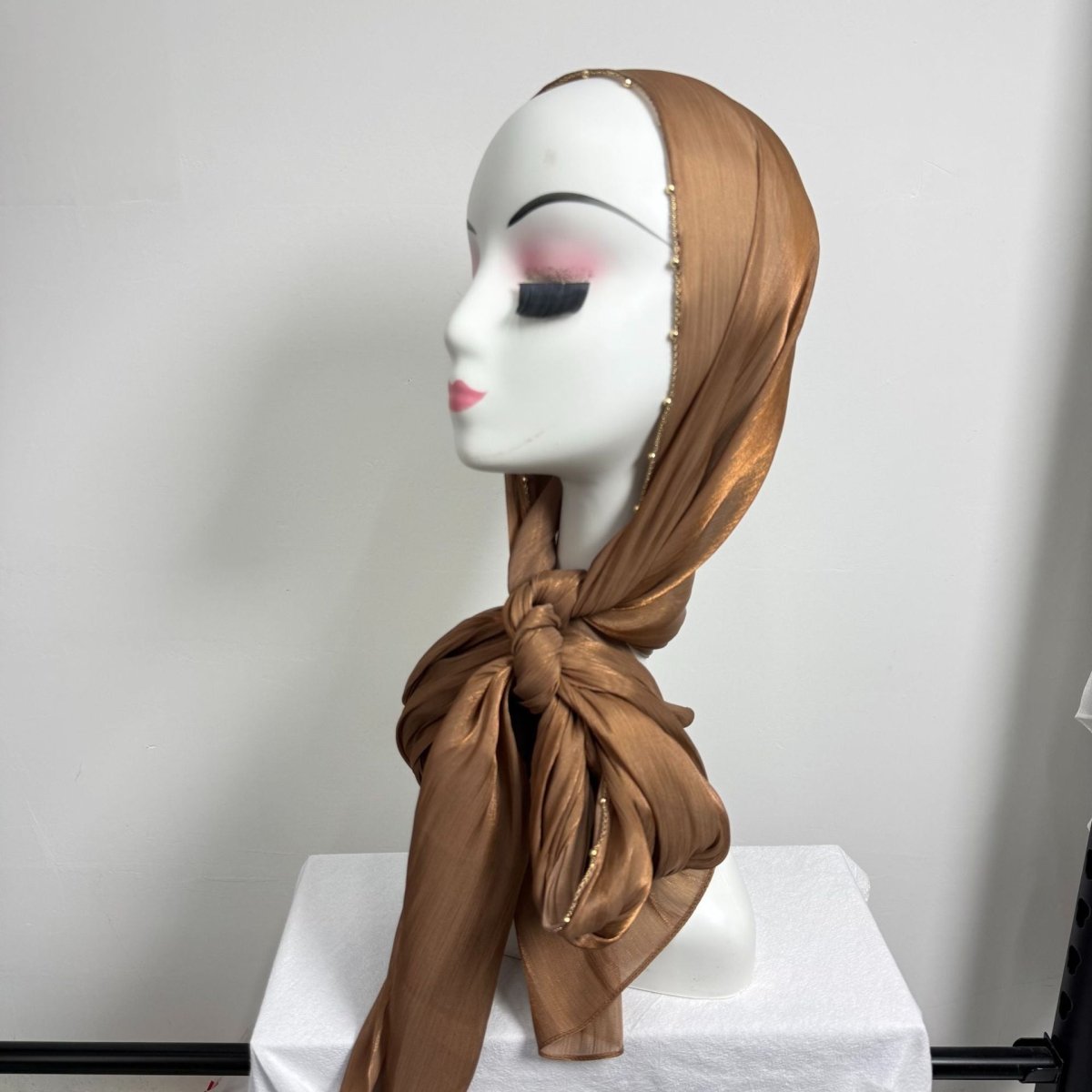 Gold Chain Beaded Edge Crinkle Satin Hijab(MH238)