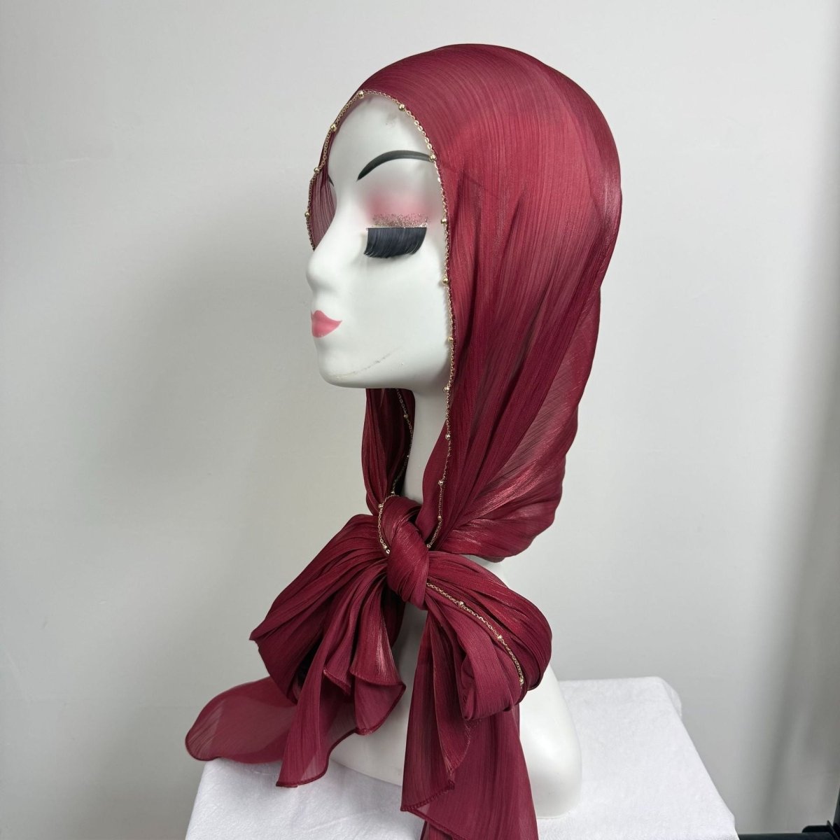 Gold Chain Beaded Edge Crinkle Satin Hijab(MH238)