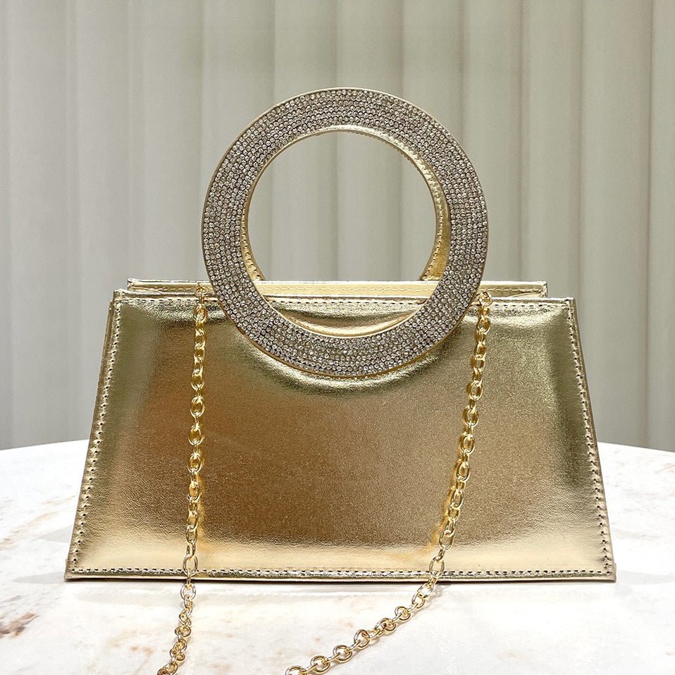 Gold Reflective Evening Clutch with Diamond-Studded Circular Handle (MAC294)