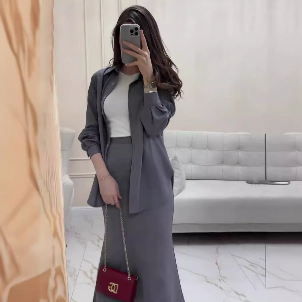 Grey Loose Long Sleeve Shirt & Elastic Waist Fish Tail Skirt Outfit Casual Two-Piece Set(MA207)