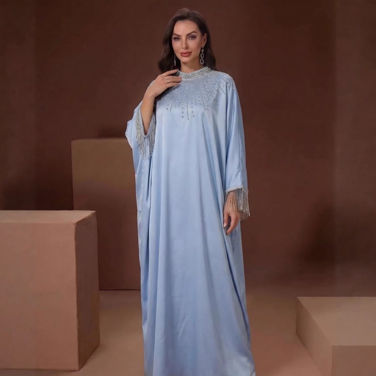Hand-Beaded Crystal Bodice Satin Kaftan (MA420)