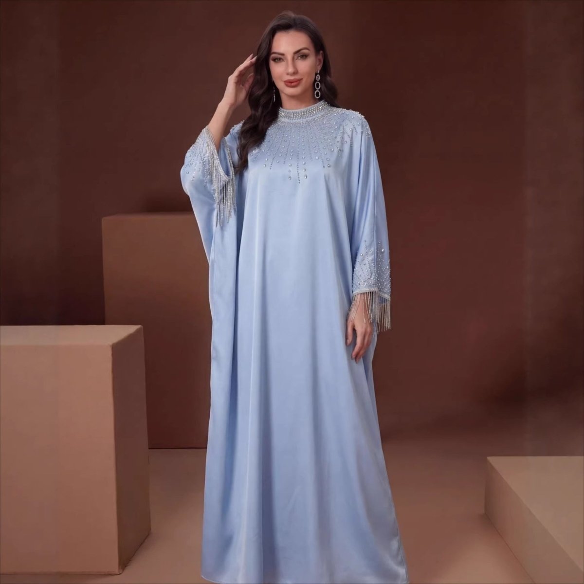 Hand-Beaded Crystal Bodice Satin Kaftan (MA420)