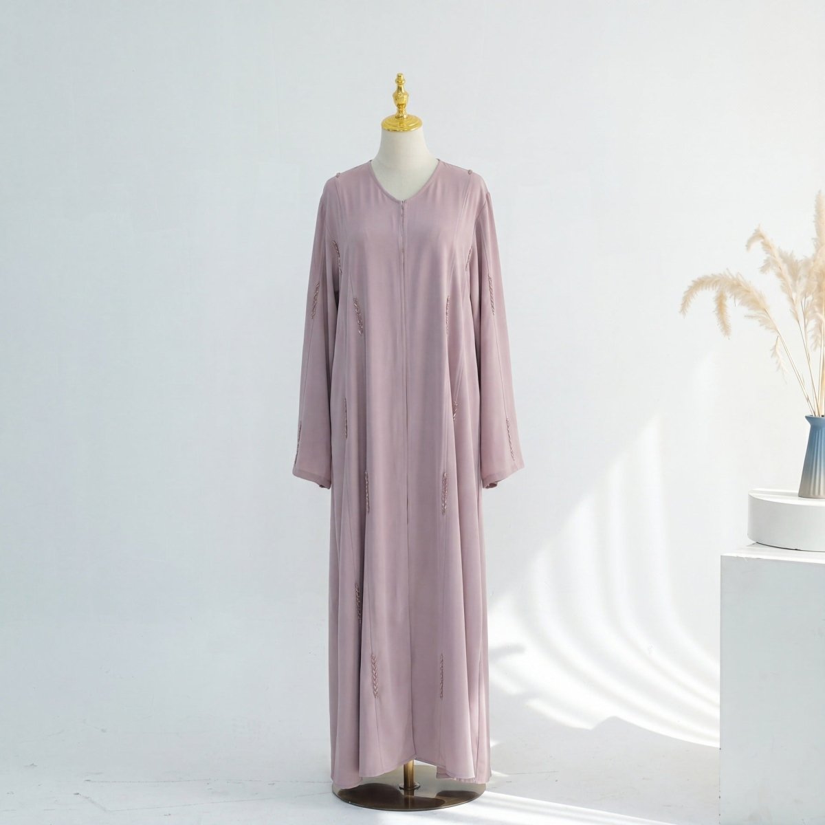 Hand-Beaded Linen Open Abaya(MOA320)