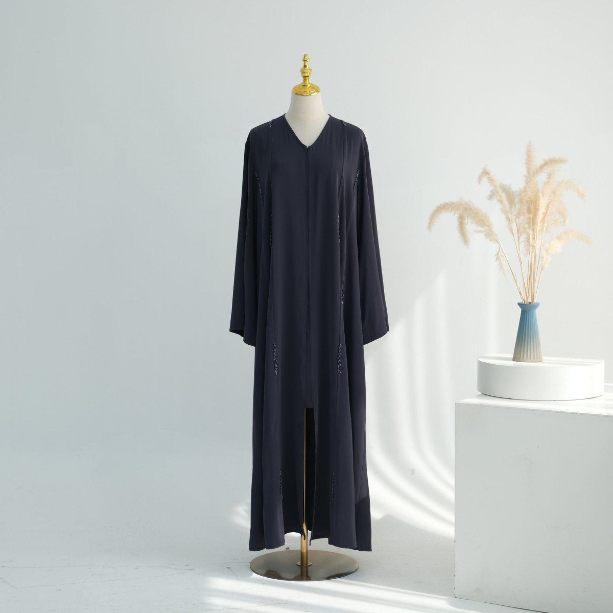 Hand-Beaded Linen Open Abaya(MOA320)
