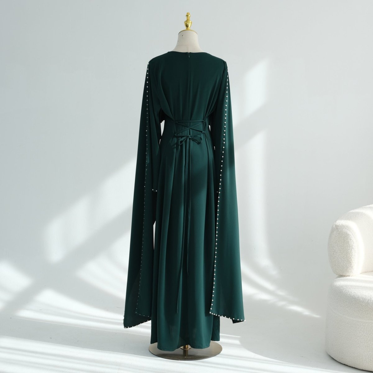 Hand-Beaded Pearl Cape Sleeve Nida Maxi Dress(MS439)