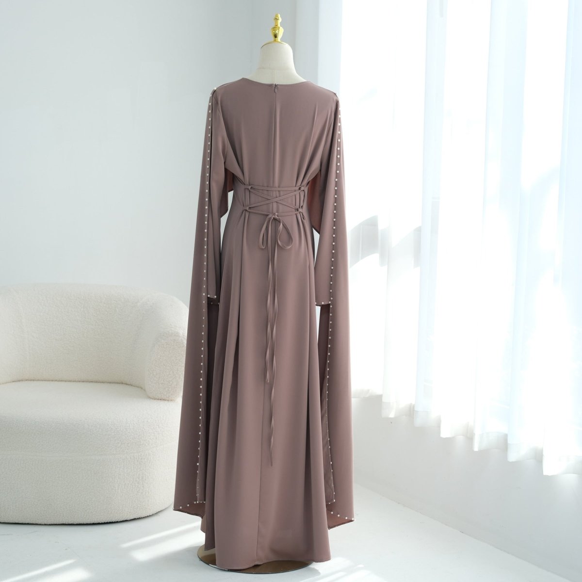 Hand-Beaded Pearl Cape Sleeve Nida Maxi Dress(MS439)