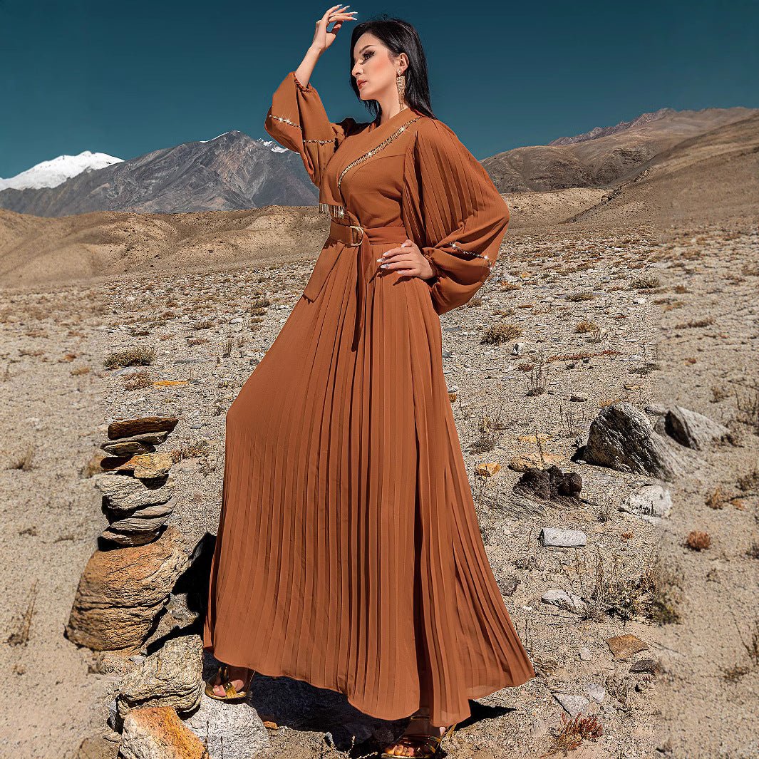 Hand-Beaded V-Neck Pleated Maxi Dress | Bubble Sleeve Crystal Embellished Gown(MS212)