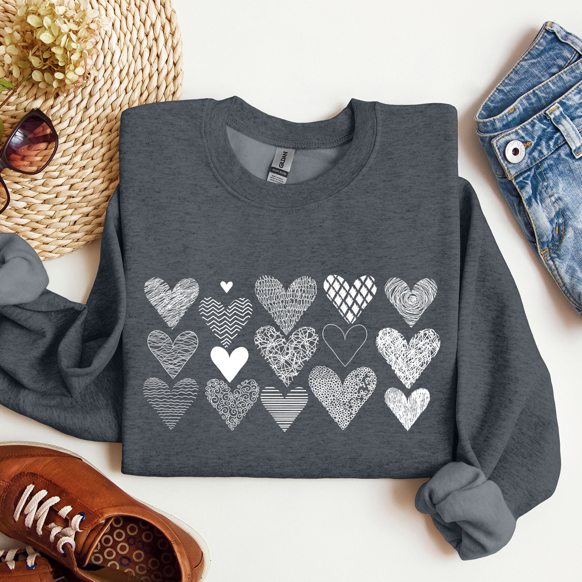 Heart Doodles Valentine's Day Love Edition Cozy Fleece Graphic Warm Comfort Relaxed Fit Sweatshirt