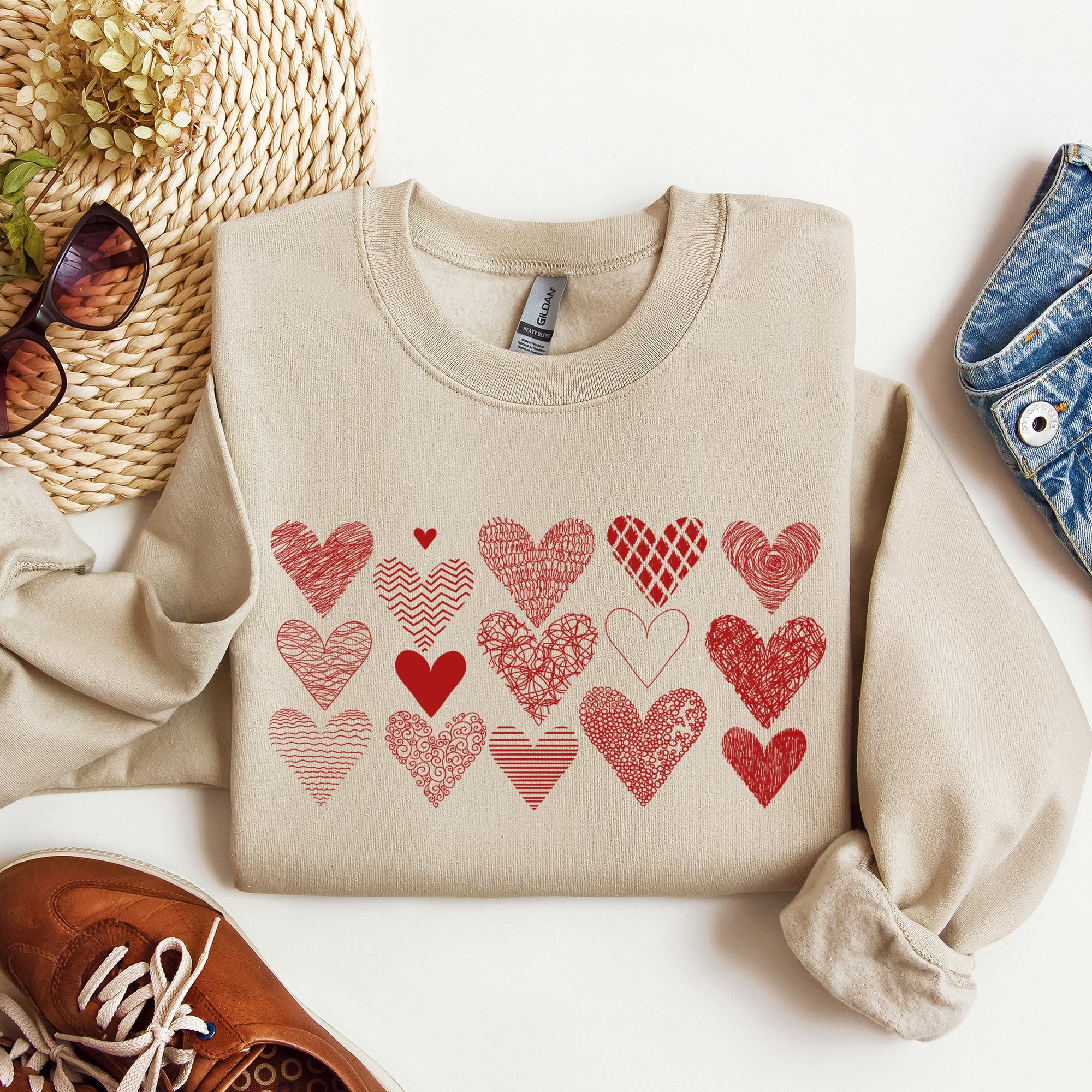 Heart Doodles Valentine's Day Love Edition Cozy Fleece Graphic Warm Comfort Relaxed Fit Sweatshirt