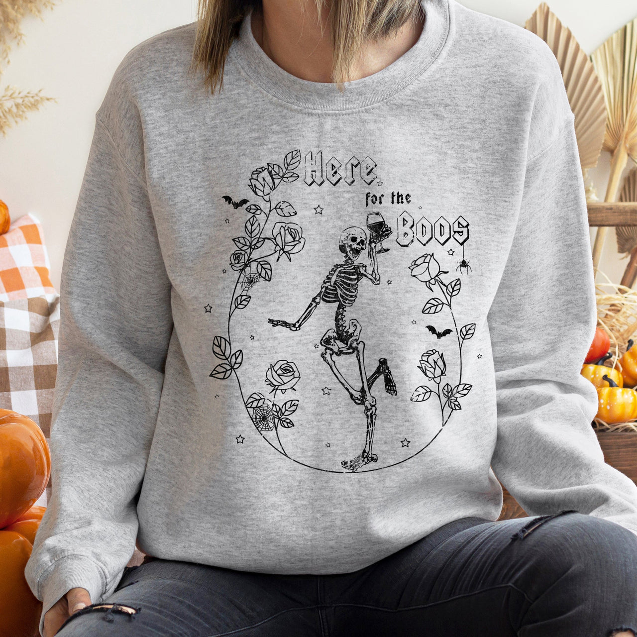 Here For The Boos Halloween Night Festive Spooktacular Cozy Vintage Haunted Season Graphic Illustration Sweatshirt
