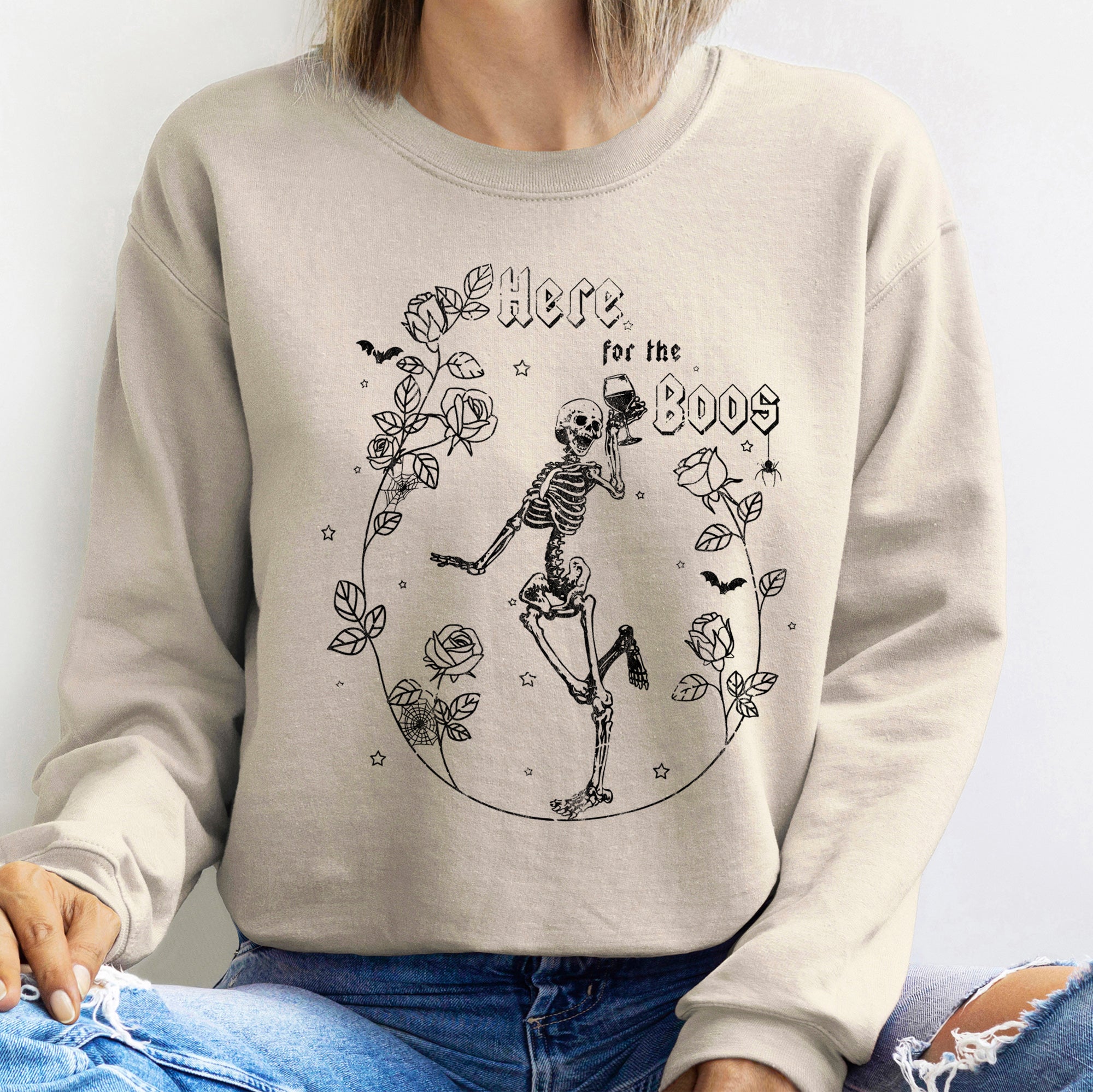 Here For The Boos Halloween Night Festive Spooktacular Cozy Vintage Haunted Season Graphic Illustration Sweatshirt