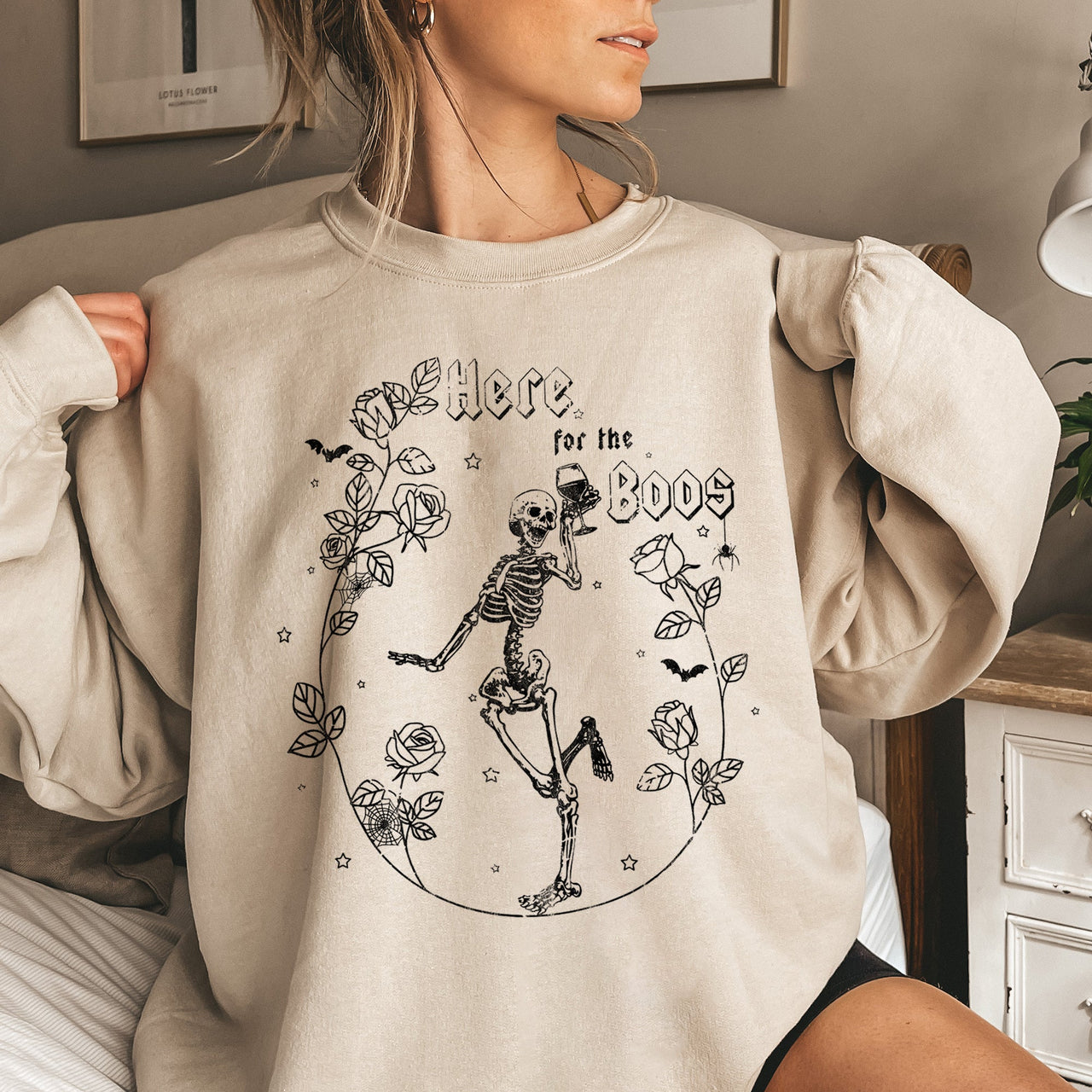 Here For The Boos Halloween Night Festive Spooktacular Cozy Vintage Haunted Season Graphic Illustration Sweatshirt