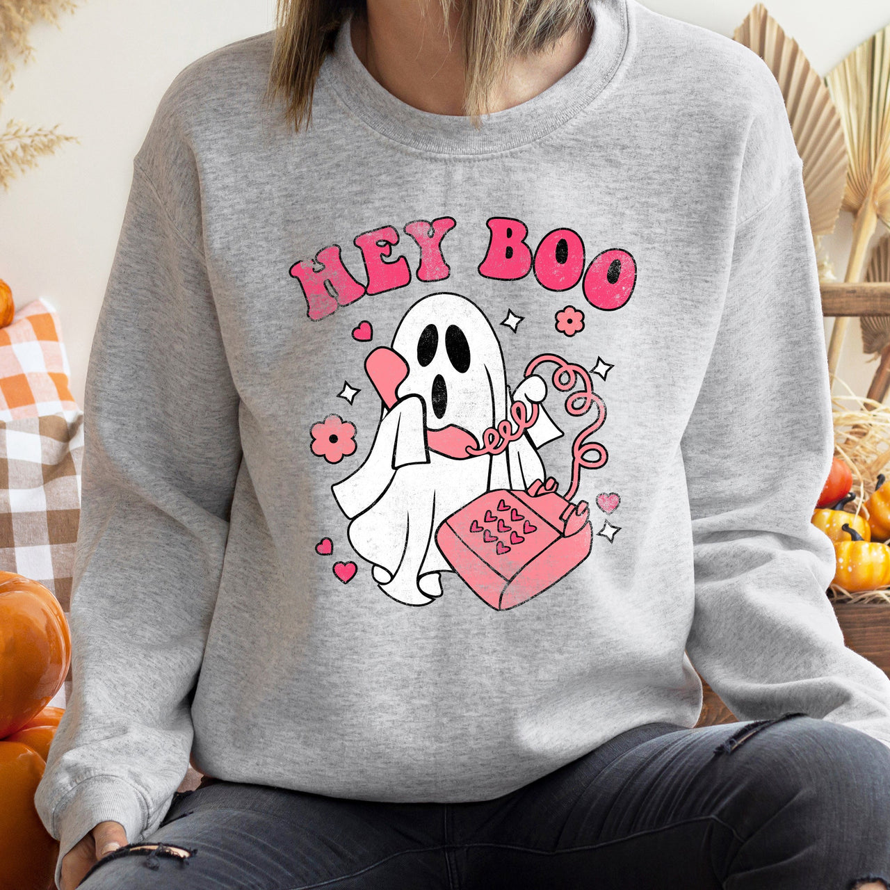 Hey Boo Vintage Halloween Spooky Night Cozy Fleece Graphic Print Inspired Premium Sweatshirt