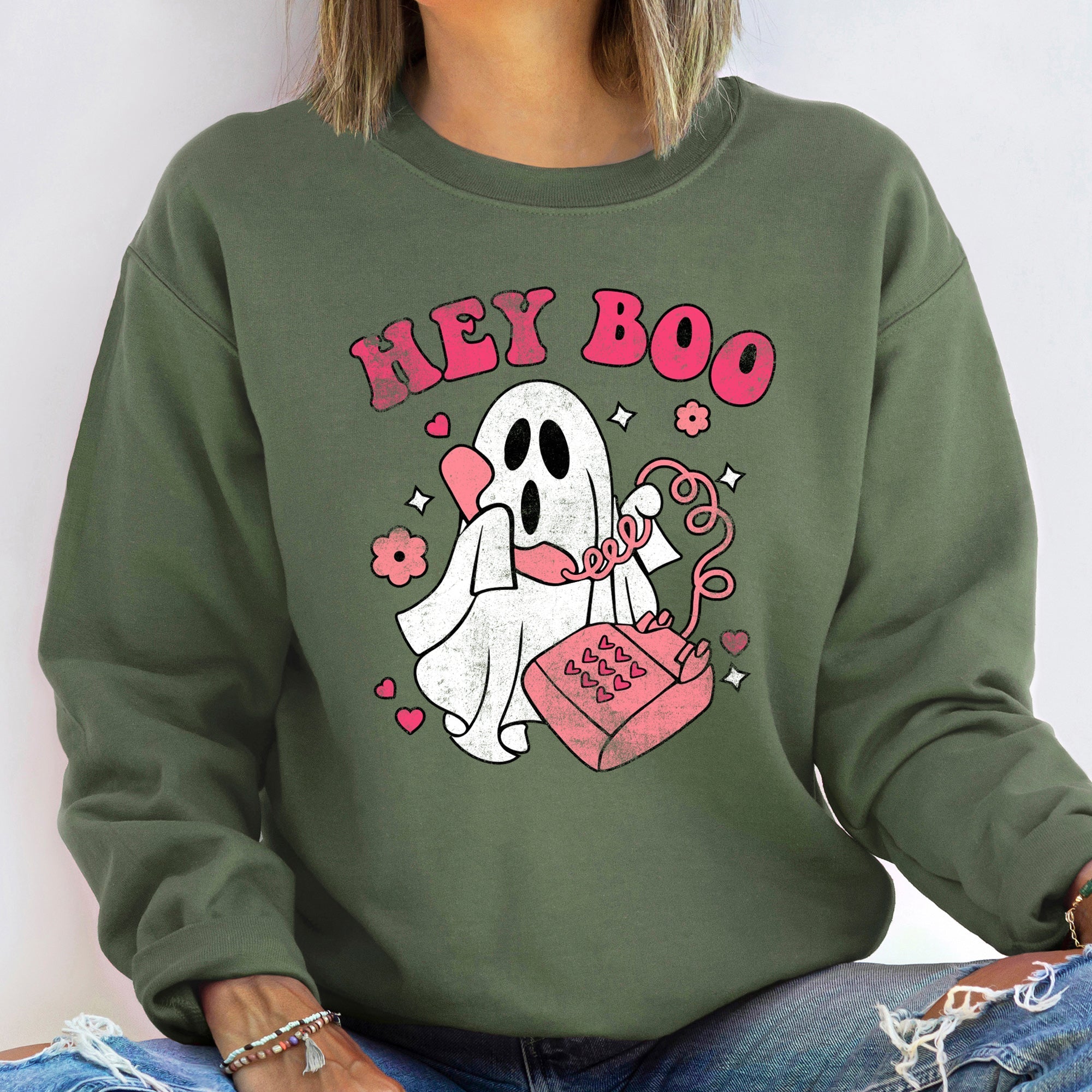 Hey Boo Vintage Halloween Spooky Night Cozy Fleece Graphic Print Inspired Premium Sweatshirt
