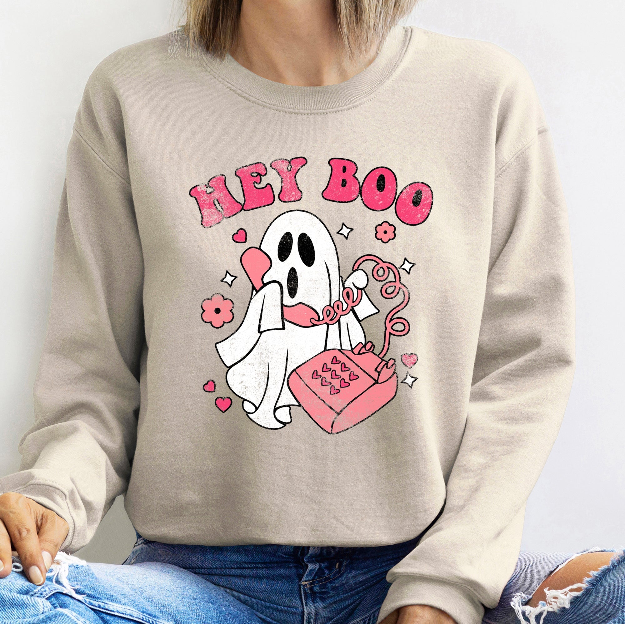 Hey Boo Vintage Halloween Spooky Night Cozy Fleece Graphic Print Inspired Premium Sweatshirt