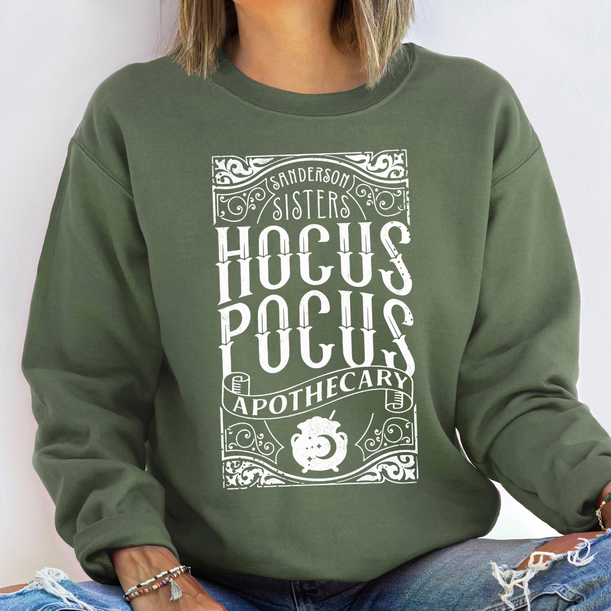 Hocus Pocus Apothecary Halloween Potion Diagram Witch Silhouette Enchanted Spells Sweatshirt