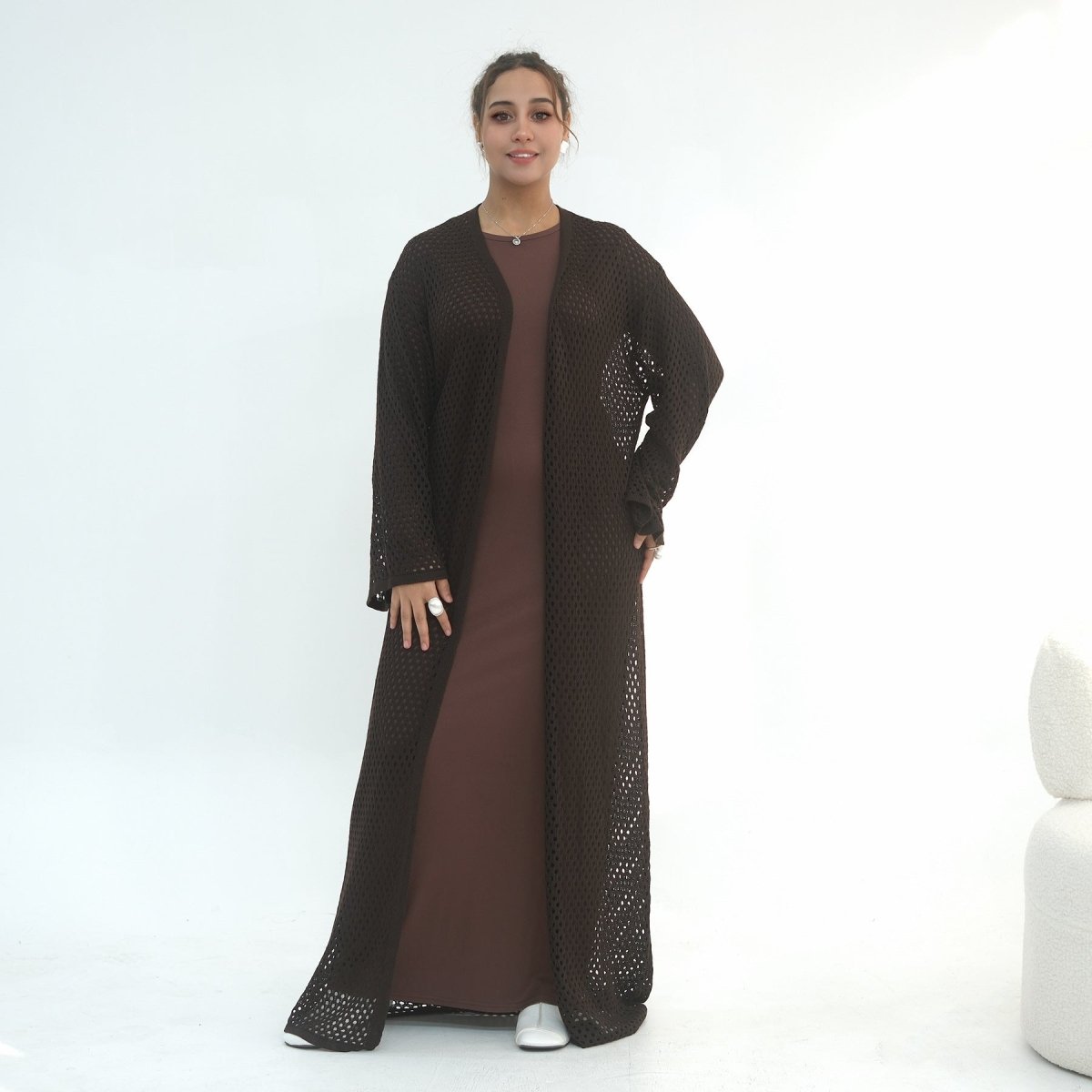 Hollow-Out Knit Open Abaya Cardigan with Waist Belt(MOA315)