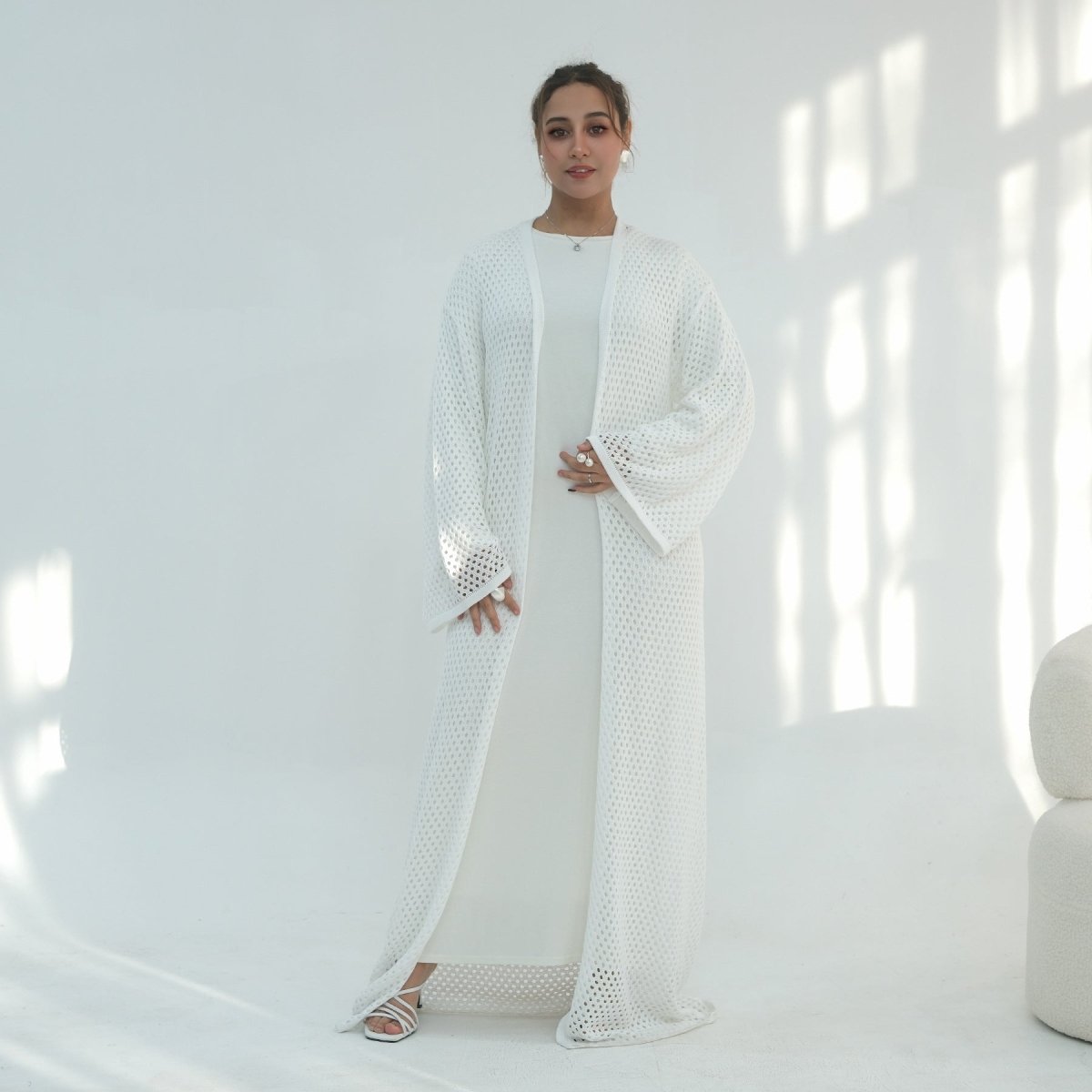 Hollow-Out Knit Open Abaya Cardigan with Waist Belt(MOA315)