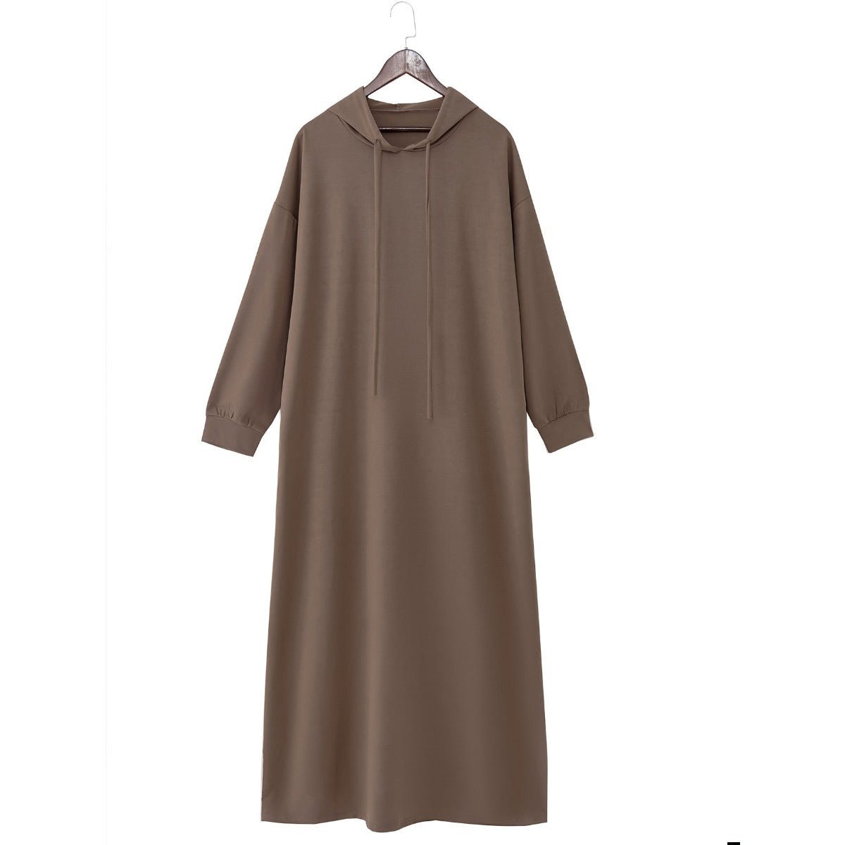 Hooded Pocket Casual Solid Color Dress Robe - Modest Long Sleeve Lounge Dress with Drawstring Hood(MA282)