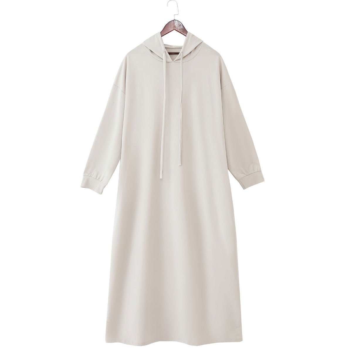 Hooded Pocket Casual Solid Color Dress Robe - Modest Long Sleeve Lounge Dress with Drawstring Hood(MA282)