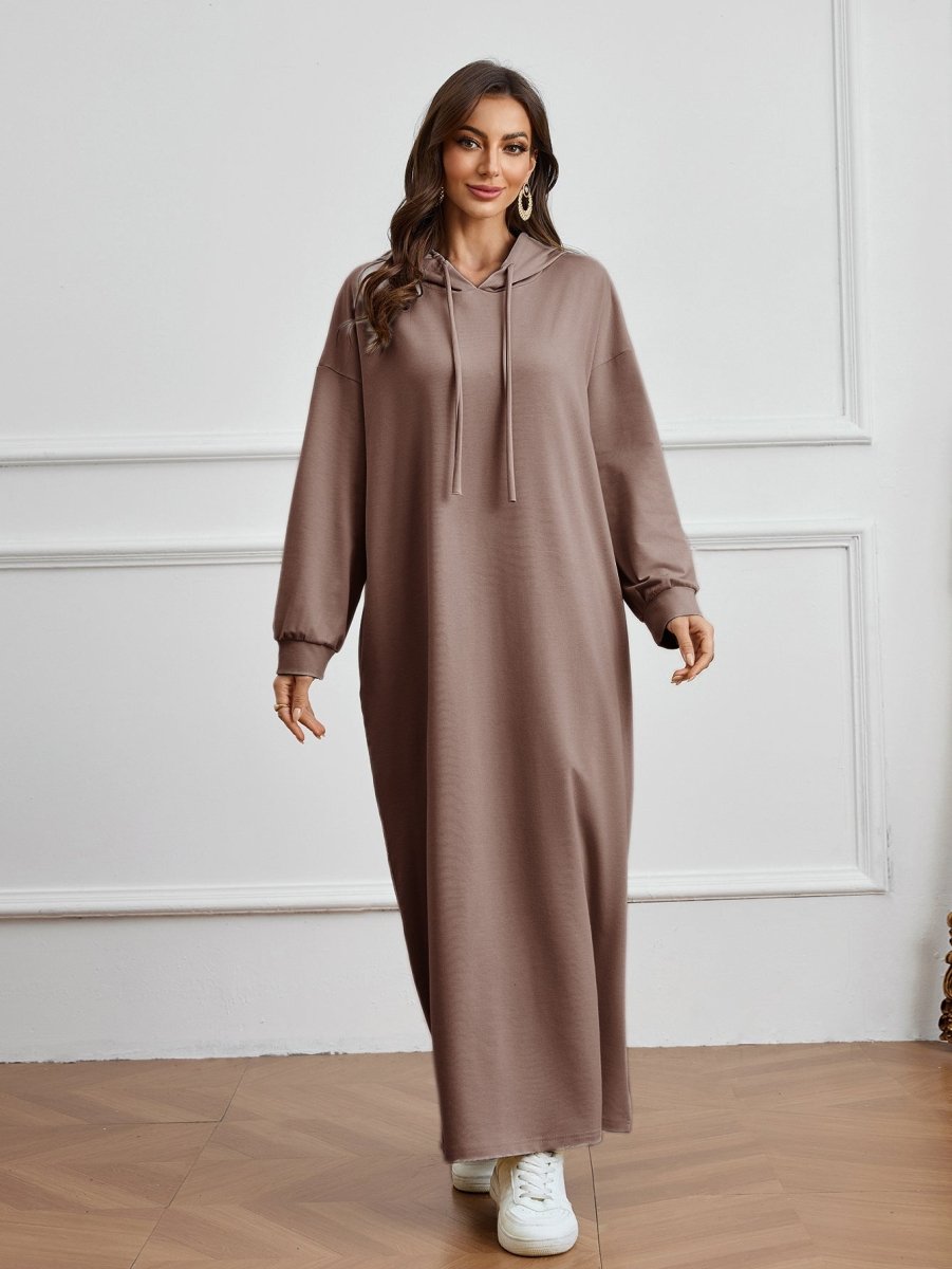 Hooded Pocket Casual Solid Color Dress Robe - Modest Long Sleeve Lounge Dress with Drawstring Hood(MA282)
