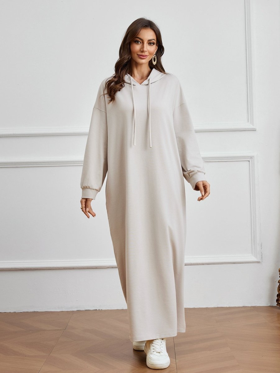 Hooded Pocket Casual Solid Color Dress Robe - Modest Long Sleeve Lounge Dress with Drawstring Hood(MA282)