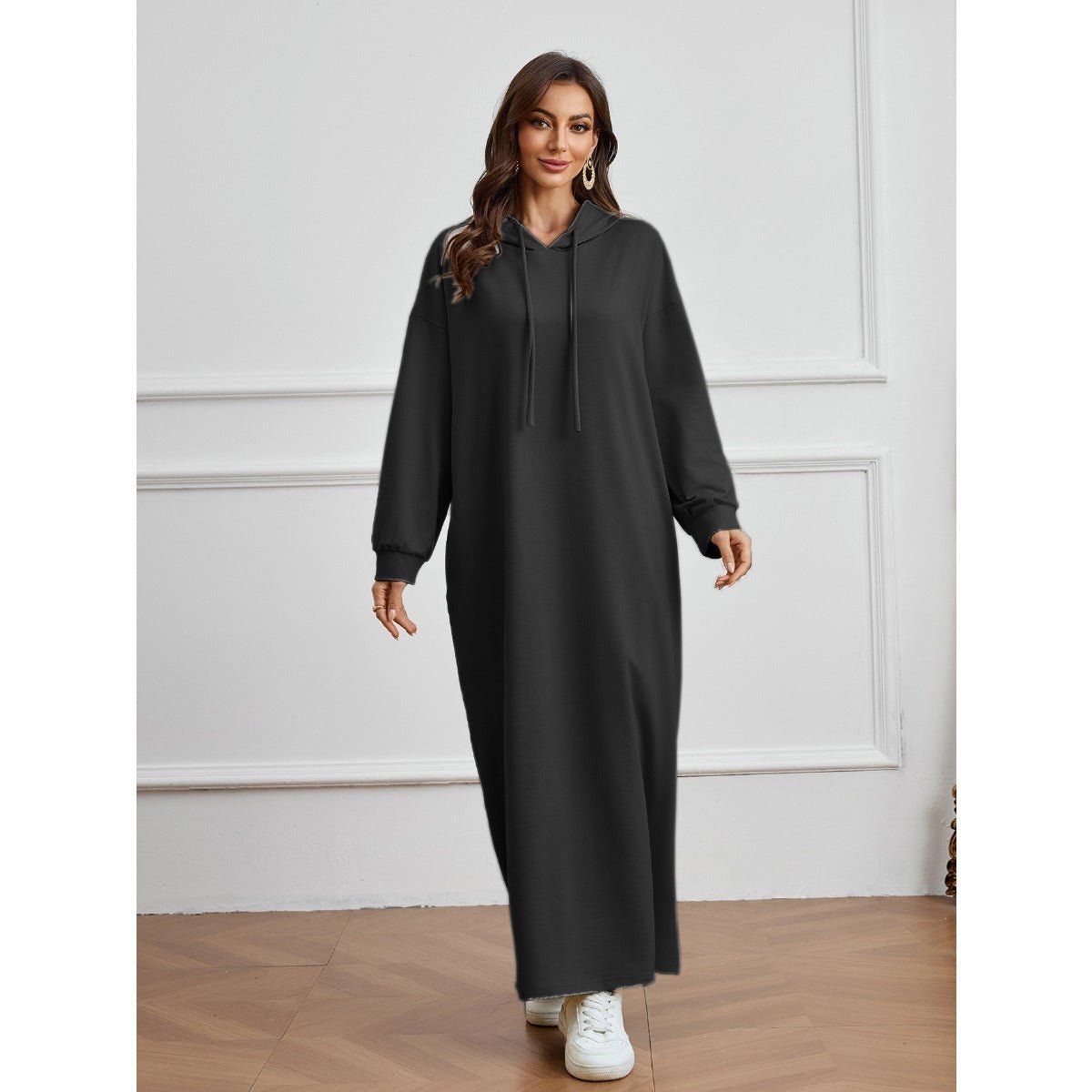 Hooded Pocket Casual Solid Color Dress Robe - Modest Long Sleeve Lounge Dress with Drawstring Hood(MA282)