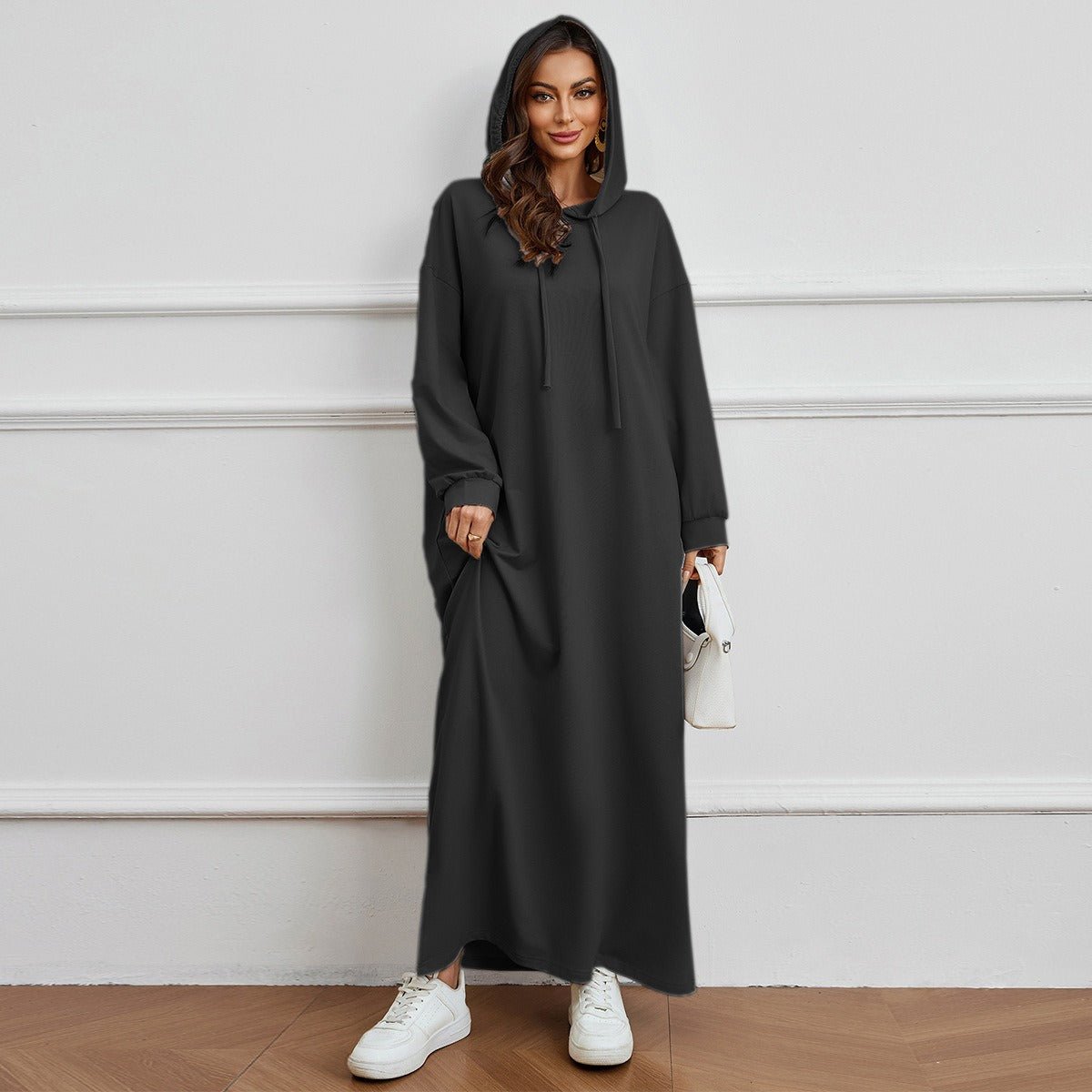 Hooded Pocket Casual Solid Color Dress Robe - Modest Long Sleeve Lounge Dress with Drawstring Hood(MA282)