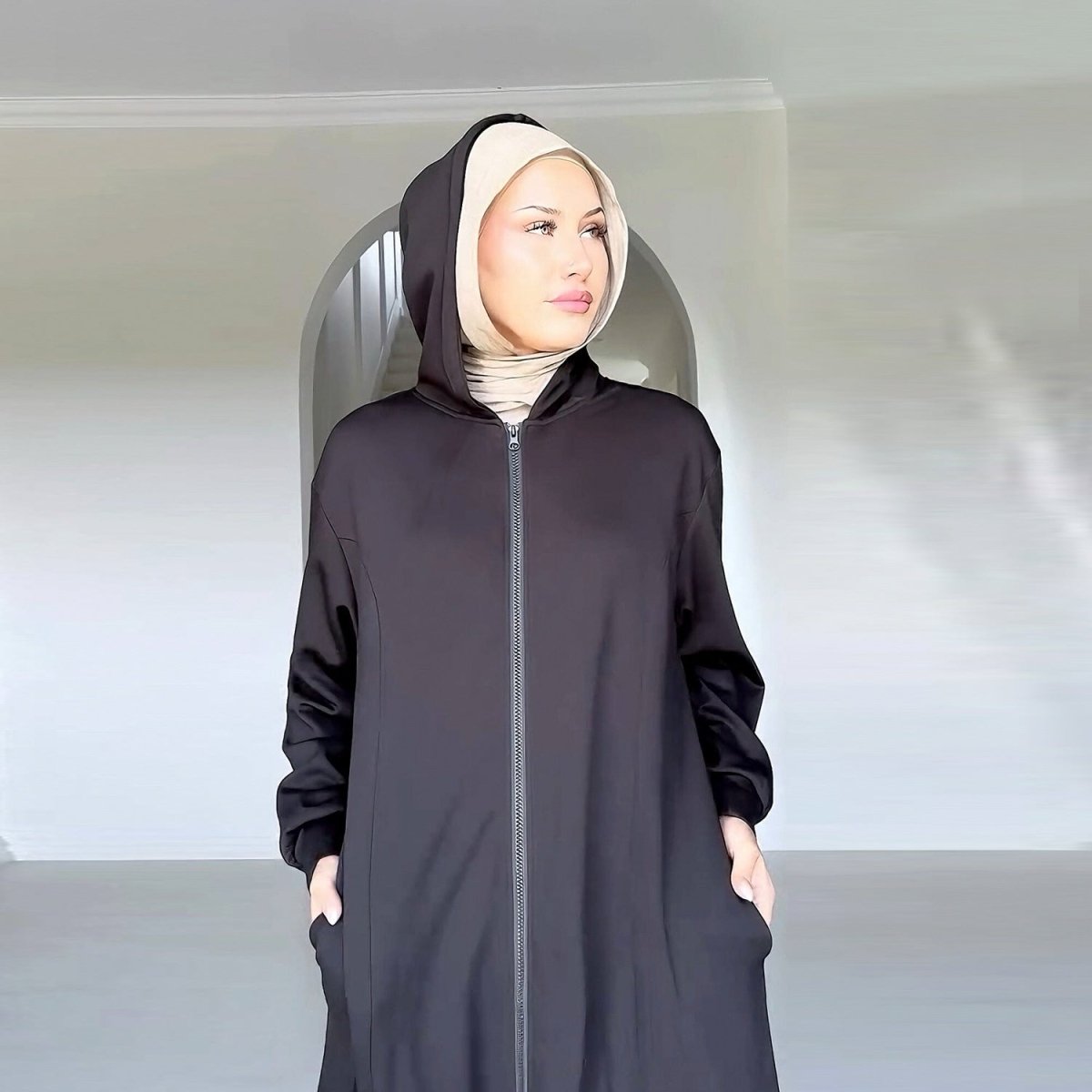 Hooded Zip-Front Abaya with Pockets (MA389)