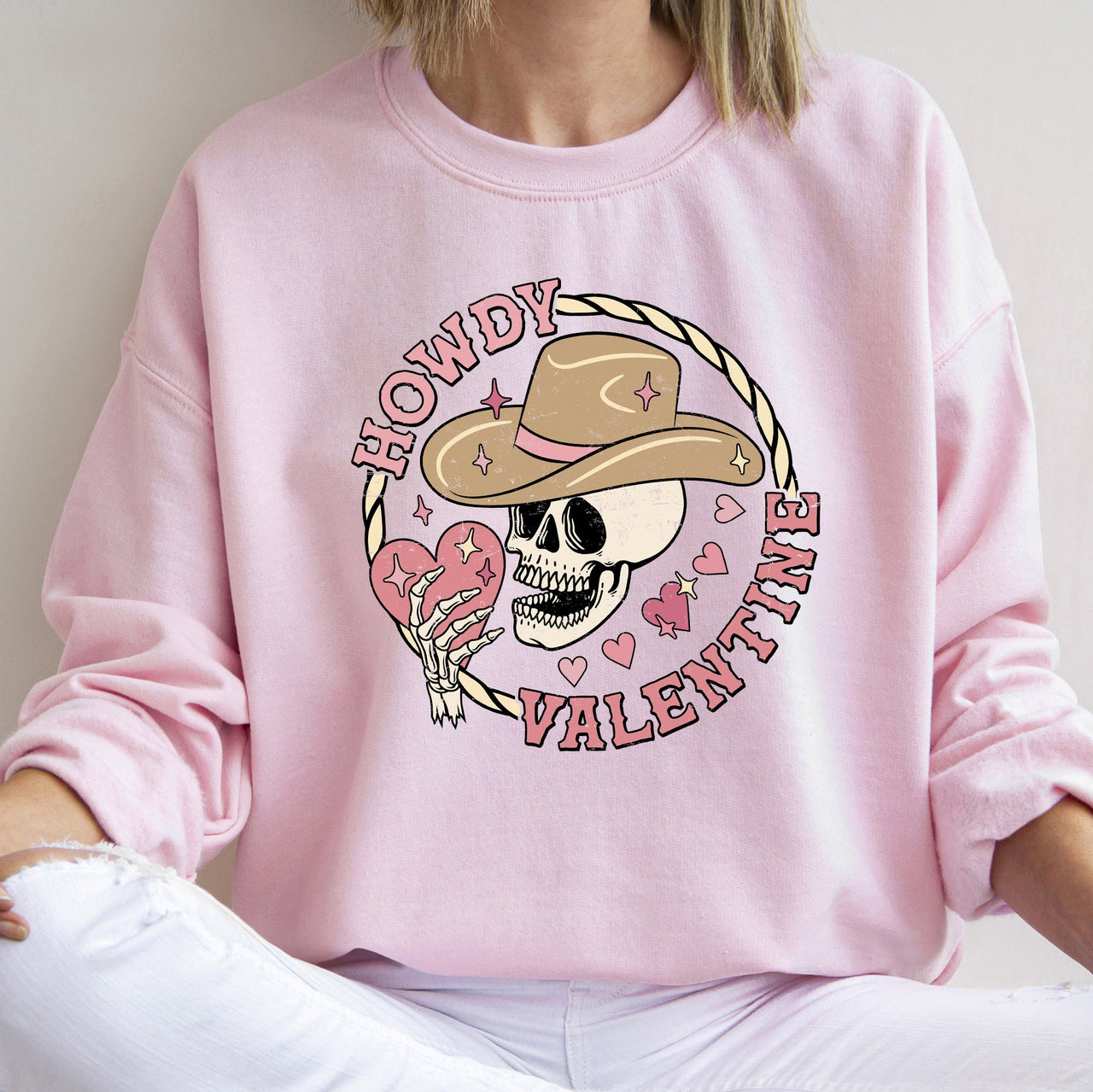 Howdy Valentine Skeleton Cowboy Western Country Festive Romance Graphic Sweatshirt