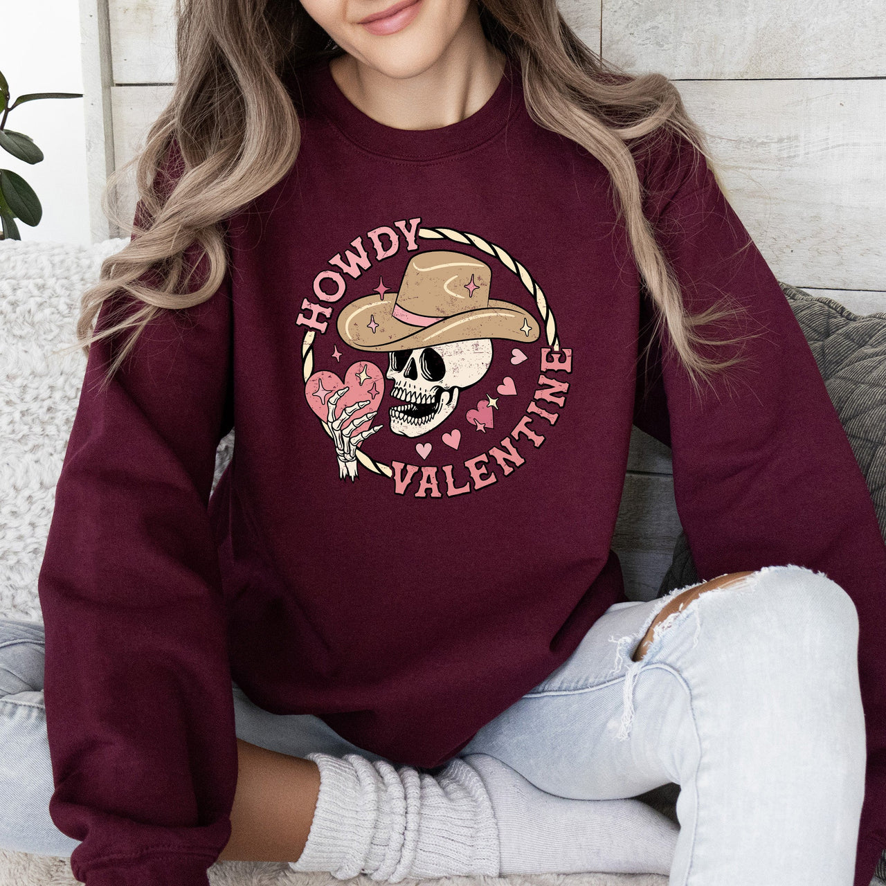 Howdy Valentine Skeleton Cowboy Western Country Festive Romance Graphic Sweatshirt