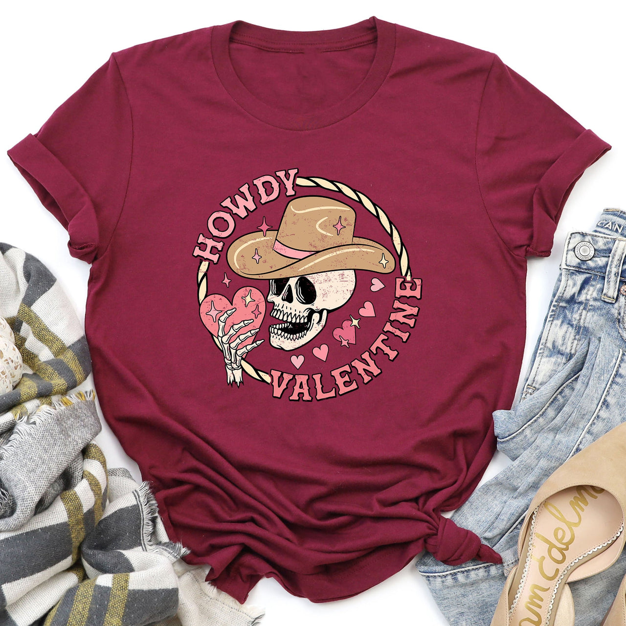 Howdy Valentine Skeleton Cowboy Western Country Retro Heart Cactus Scene Valentine's Day Graphic Tee