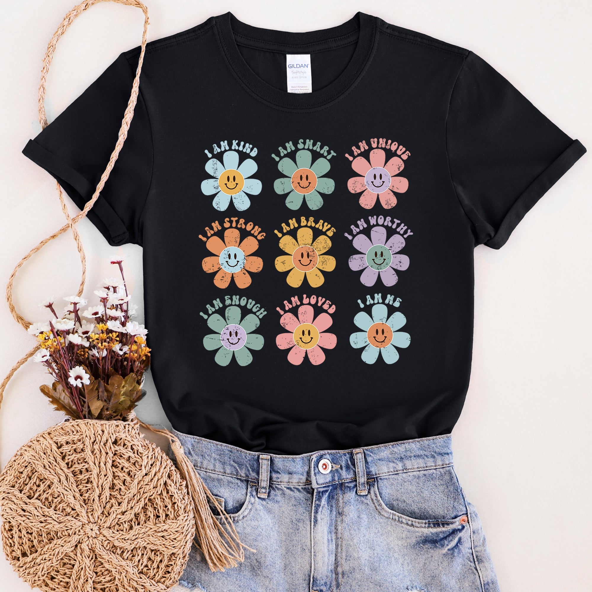 Positive Affirmations, Daisy, Retro Floral Quote Artwork Encouraging Confidence And Everyday Joy Graphic Tee